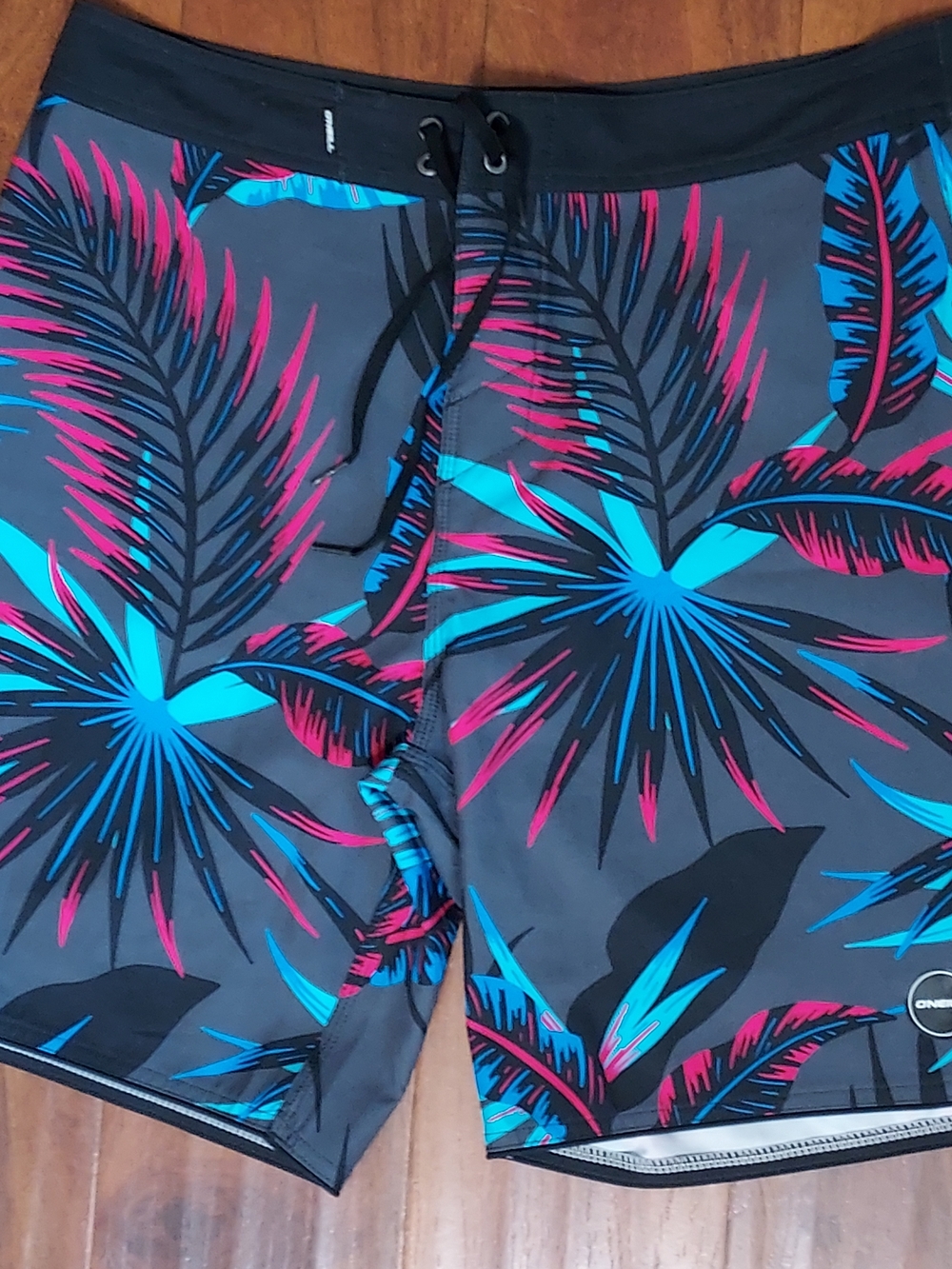 O'Neill Men's Gray Board Shorts with Blue and Pink Tropical Palms